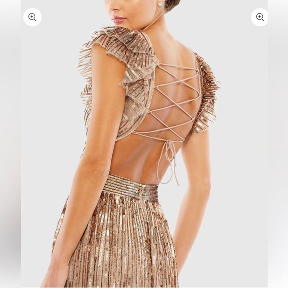 MAC DUGGAL Beige Sequined Cut Out Ruffled Cap Sleeve Lace Up Gown 5568 NWT 10 - Picture 4 of 13